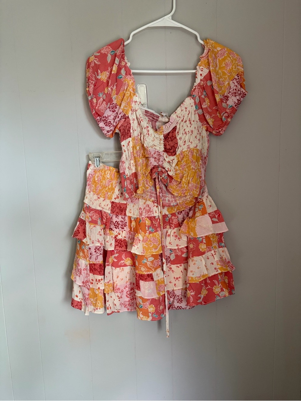 Olivaceous Coral Pink & Mustard Patchwork Ruffle Skirt Set